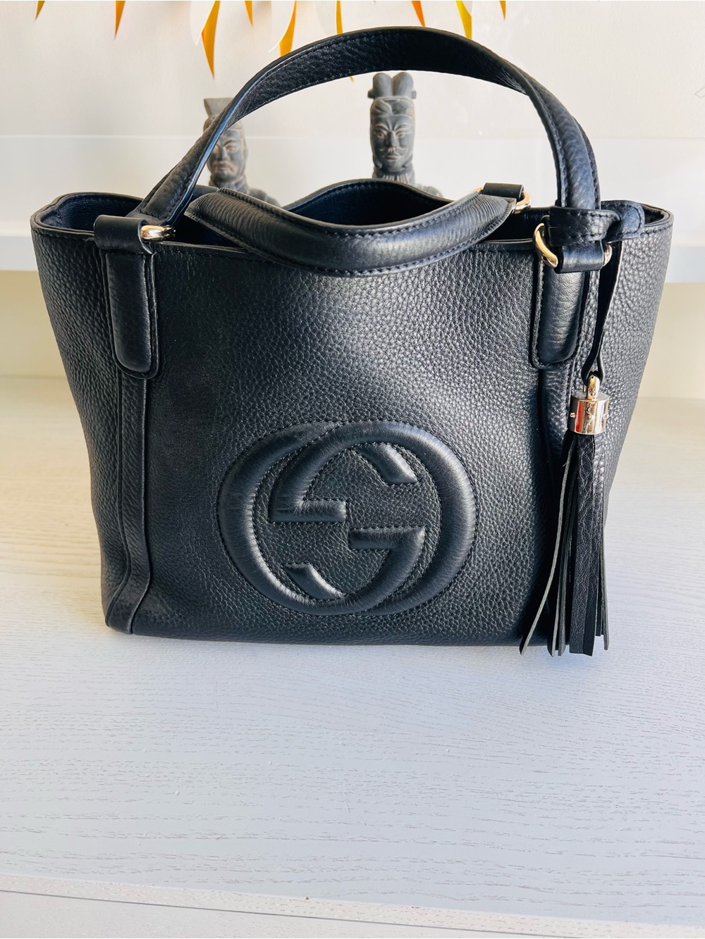 Black Leather Shoulder Bag with Tassels- G Logo - Picture 6 of 13
